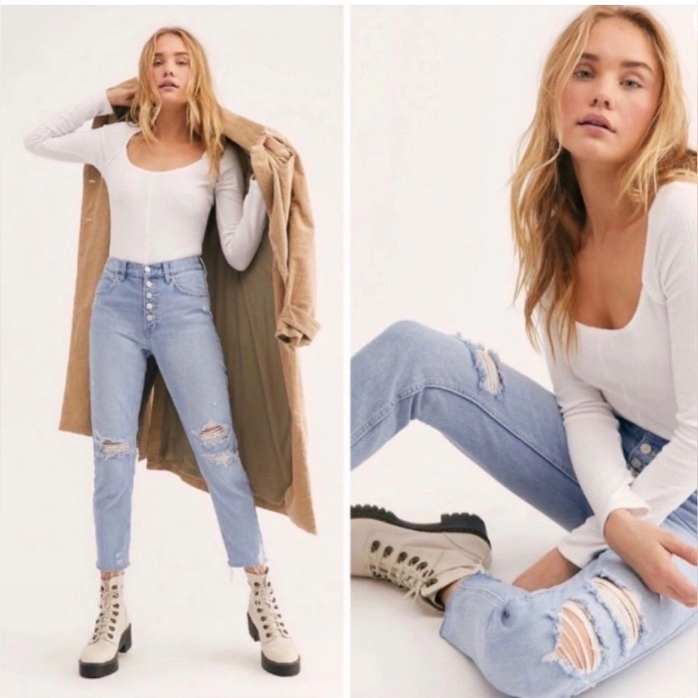 Free People High Rise Fry hem Distressed Skinny‎ Jeans Size 31